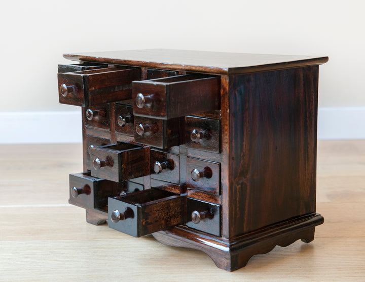 Antique Apothecary Cabinet With 16 Small Drawers, Lacquered Wood