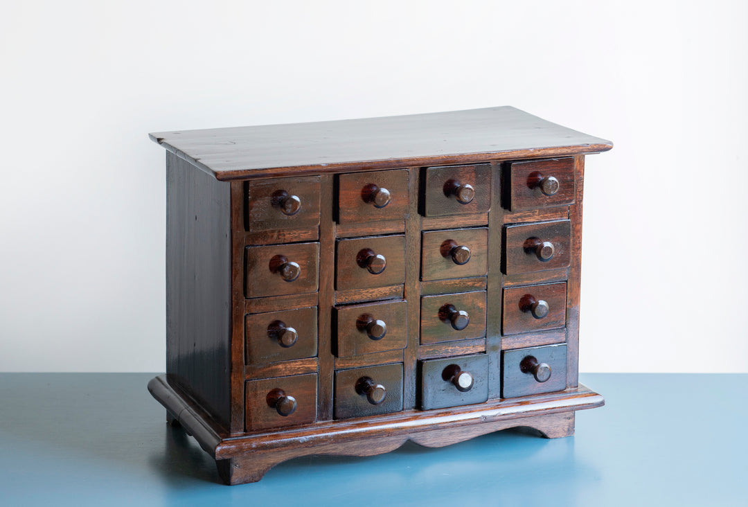 Antique Apothecary Cabinet With 16 Small Drawers, Lacquered Wood