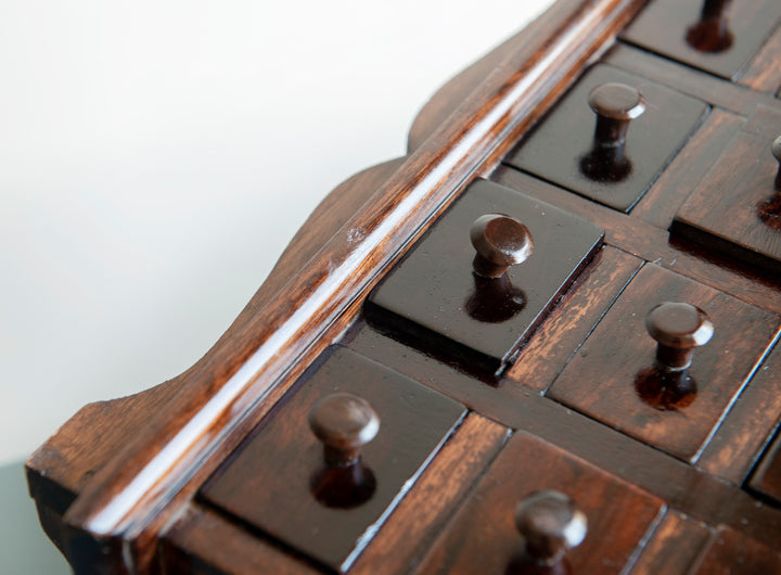 Antique Apothecary Cabinet With 16 Small Drawers, Lacquered Wood