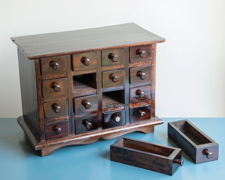 Antique Apothecary Cabinet With 16 Small Drawers, Lacquered Wood