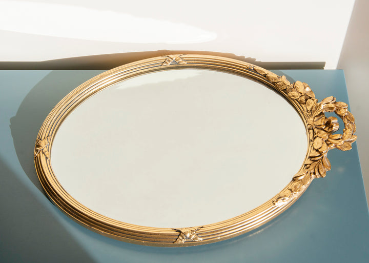 Oval Gold Mirror With Beveled Glass, Acanthus Leaves Frame