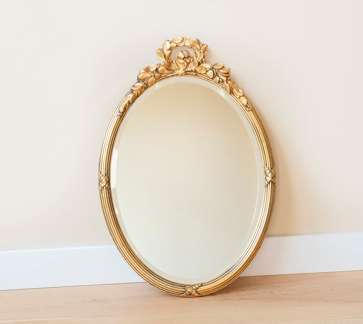 Oval Gold Mirror With Beveled Glass, Acanthus Leaves Frame