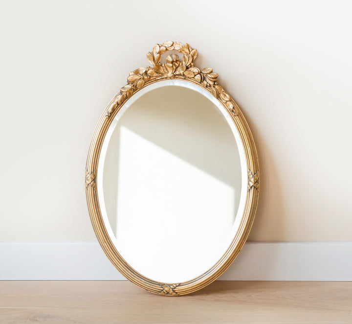 Oval Gold Mirror With Beveled Glass, Acanthus Leaves Frame