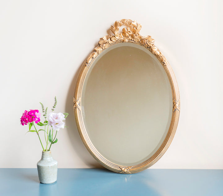 Oval Gold Mirror With Beveled Glass, Acanthus Leaves Frame