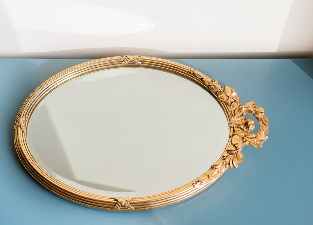 Oval Gold Mirror With Beveled Glass, Acanthus Leaves Frame