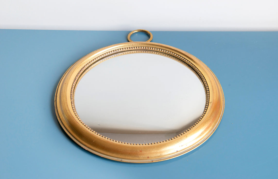 Round Golden Convex Wall Mirror, Belgium, 1950s