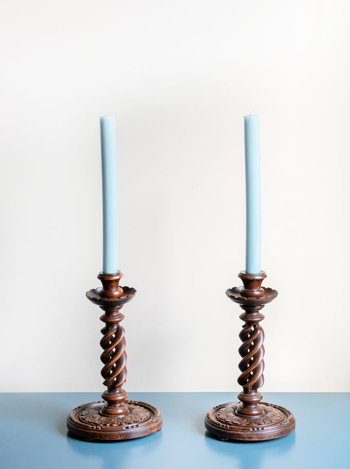 Pair of Hand Carved Barley Twist Candle Holders, 1900s