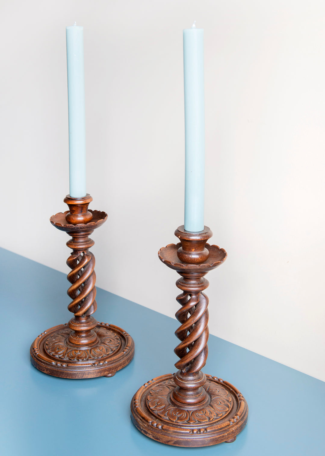 Pair of Hand Carved Barley Twist Candle Holders, 1900s