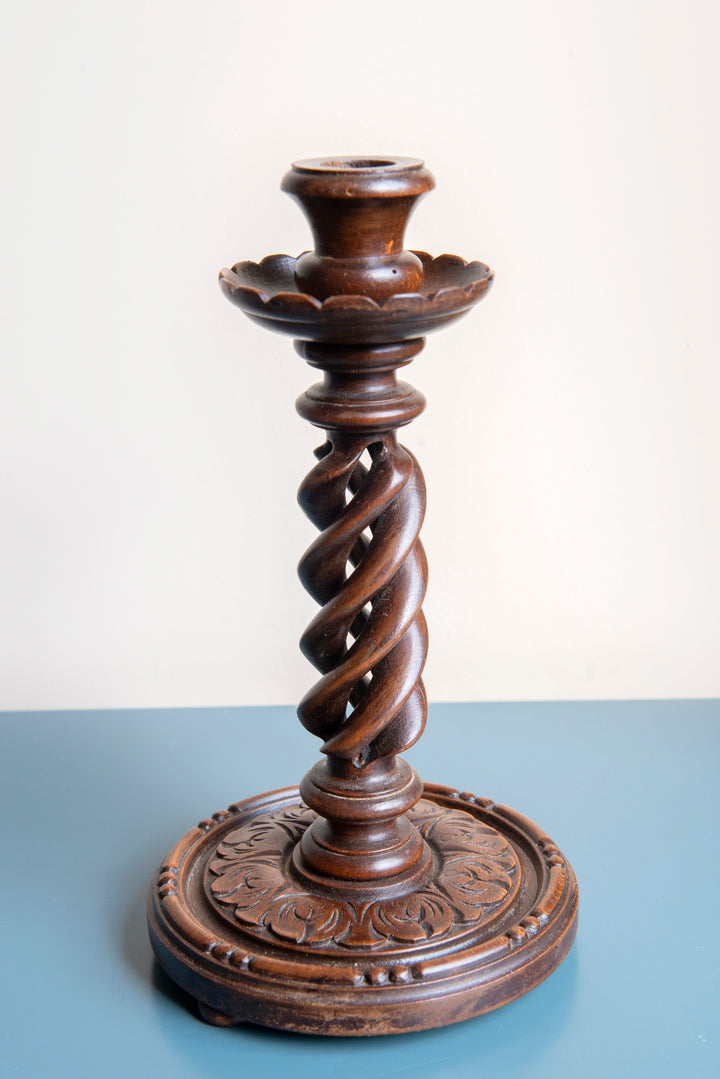 Pair of Hand Carved Barley Twist Candle Holders, 1900s