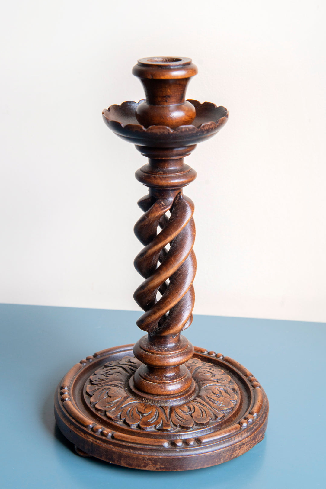 Pair of Hand Carved Barley Twist Candle Holders, 1900s