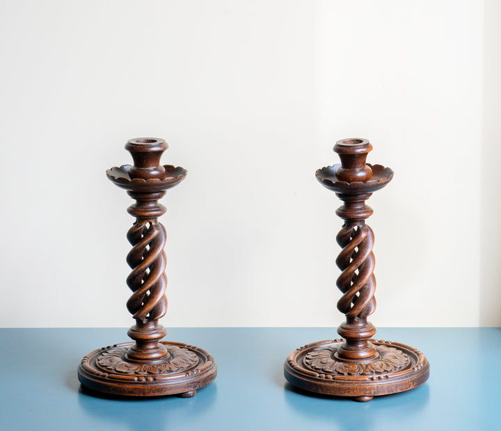 Pair of Hand Carved Barley Twist Candle Holders, 1900s