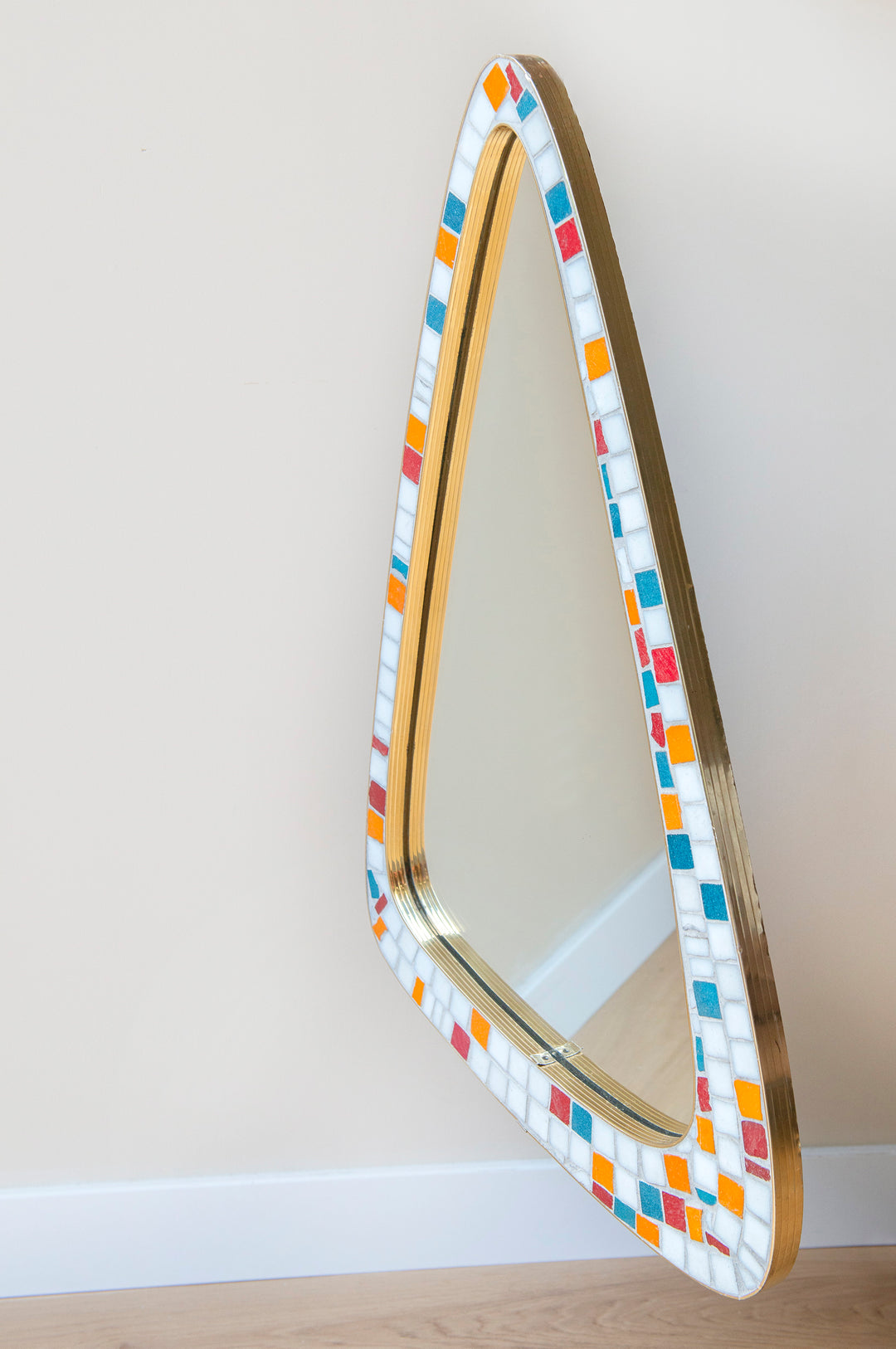 Mid-Century Mosaic Mirror With Wall Shelf, Asymmetrical Tiled Frame