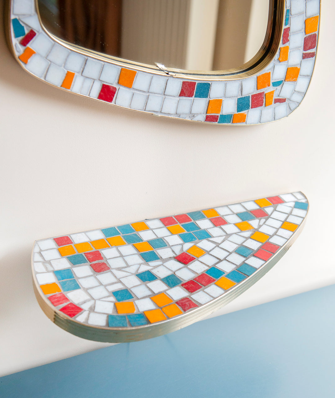 Mid-Century Mosaic Mirror With Wall Shelf, Asymmetrical Tiled Frame