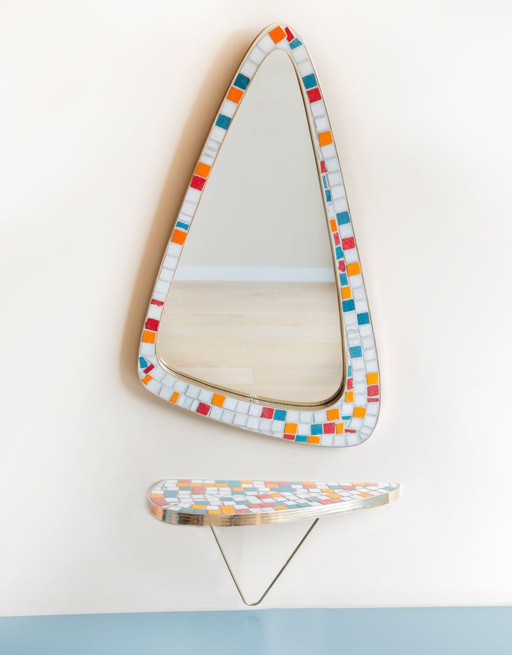 Mid-Century Mosaic Mirror With Wall Shelf, Asymmetrical Tiled Frame