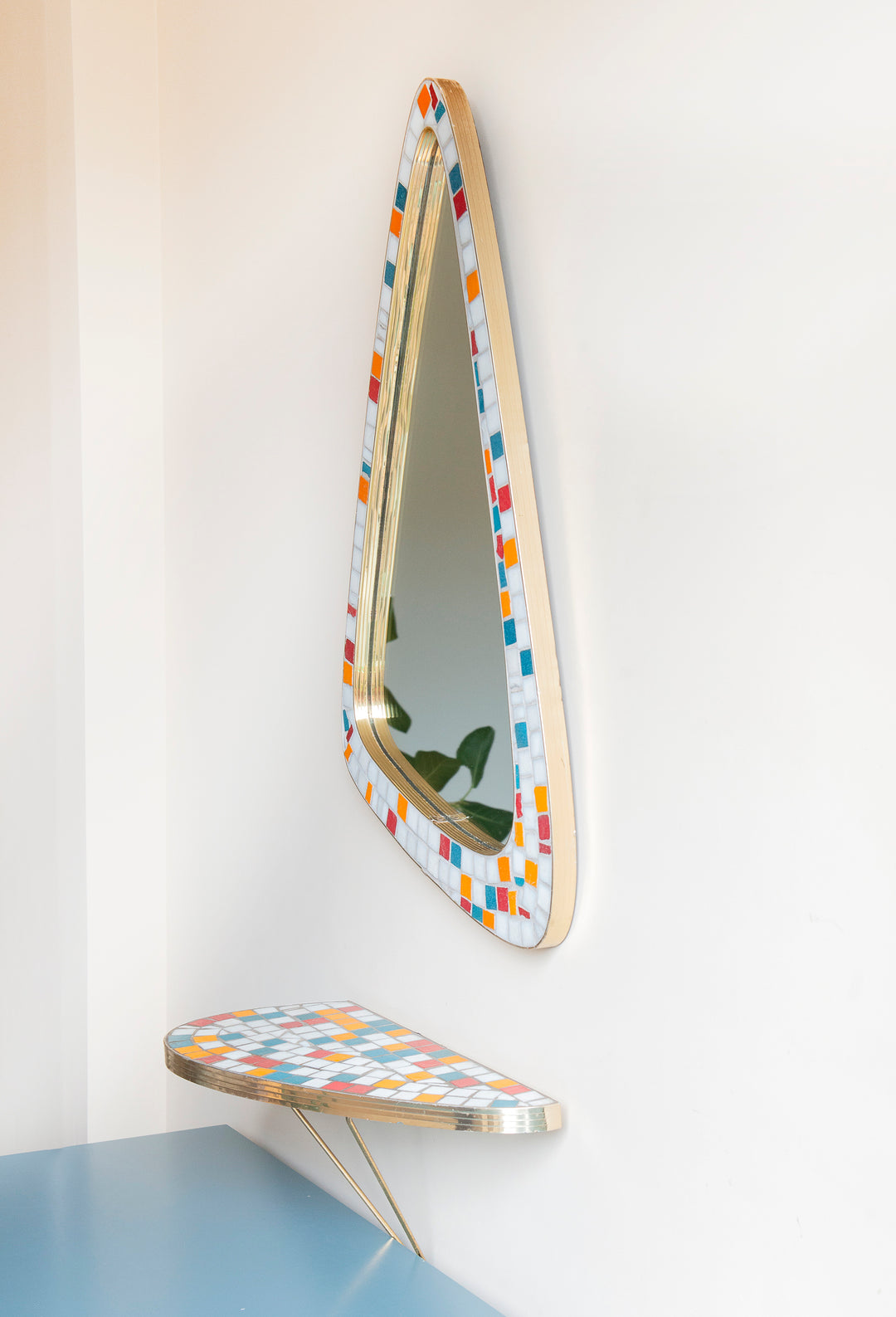 Mid-Century Mosaic Mirror With Wall Shelf, Asymmetrical Tiled Frame