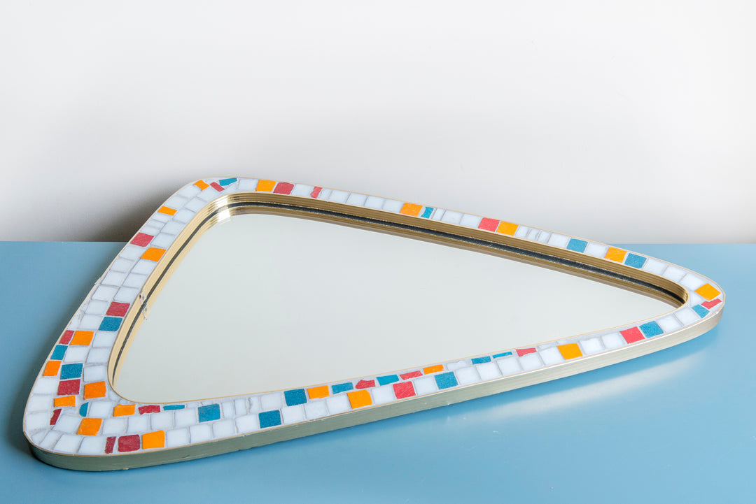 Mid-Century Mosaic Mirror With Wall Shelf, Asymmetrical Tiled Frame