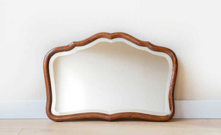 Antique Scalloped Wall Mirror With Beveled Glass, Lacquered Oak Frame