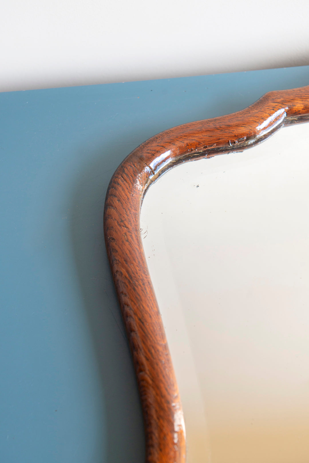 Antique Scalloped Wall Mirror With Beveled Glass, Lacquered Oak Frame