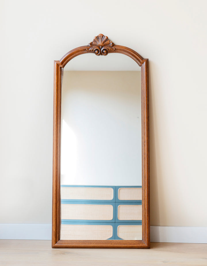 Large Oak Wooden Mirror, Hand Carved Frame With Ornament