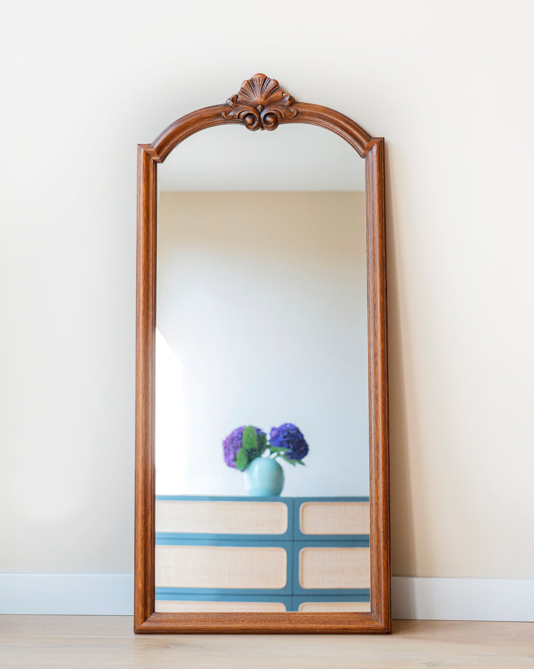 Large Oak Wooden Mirror, Hand Carved Frame With Ornament