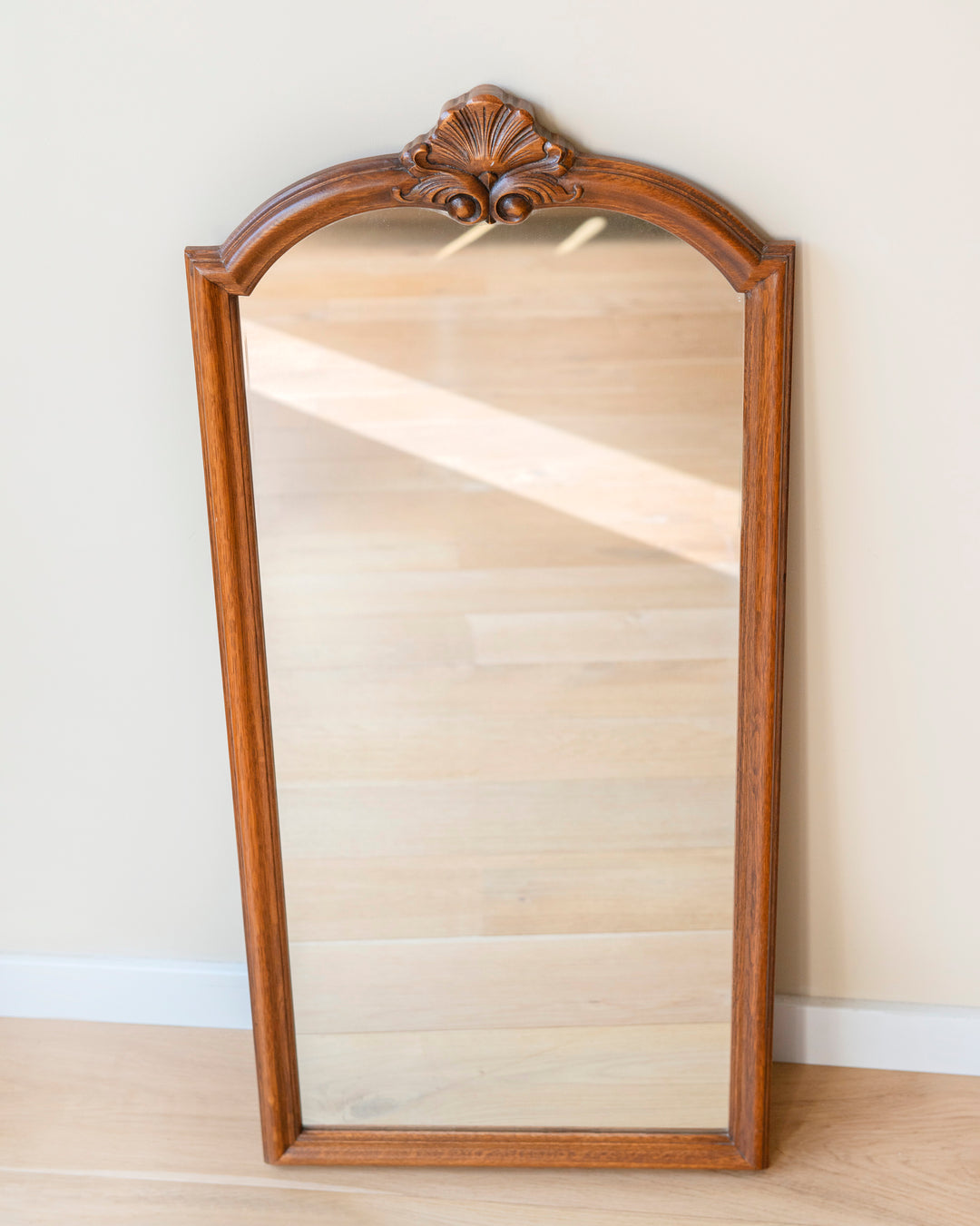 Large Oak Wooden Mirror, Hand Carved Frame With Ornament