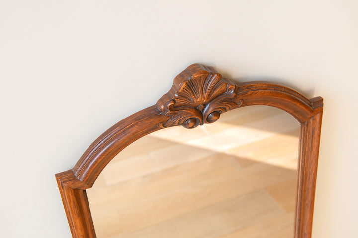 Large Oak Wooden Mirror, Hand Carved Frame With Ornament