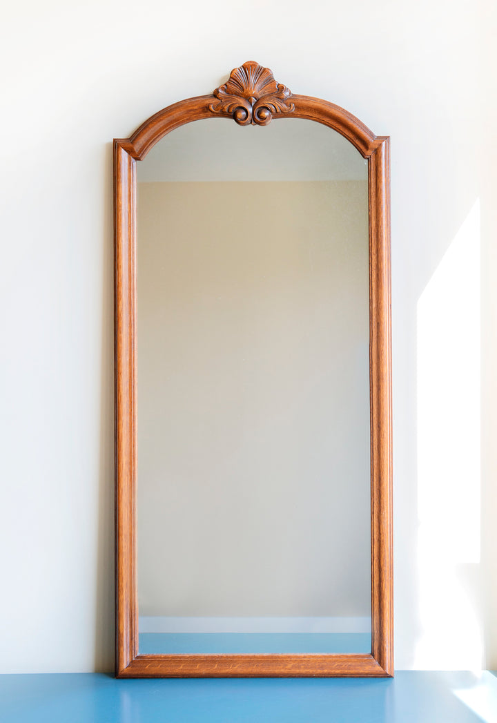 Large Oak Wooden Mirror, Hand Carved Frame With Ornament