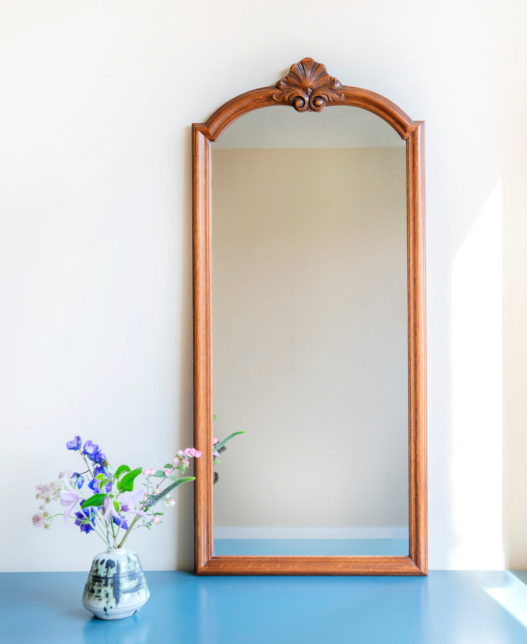 Large Oak Wooden Mirror, Hand Carved Frame With Ornament