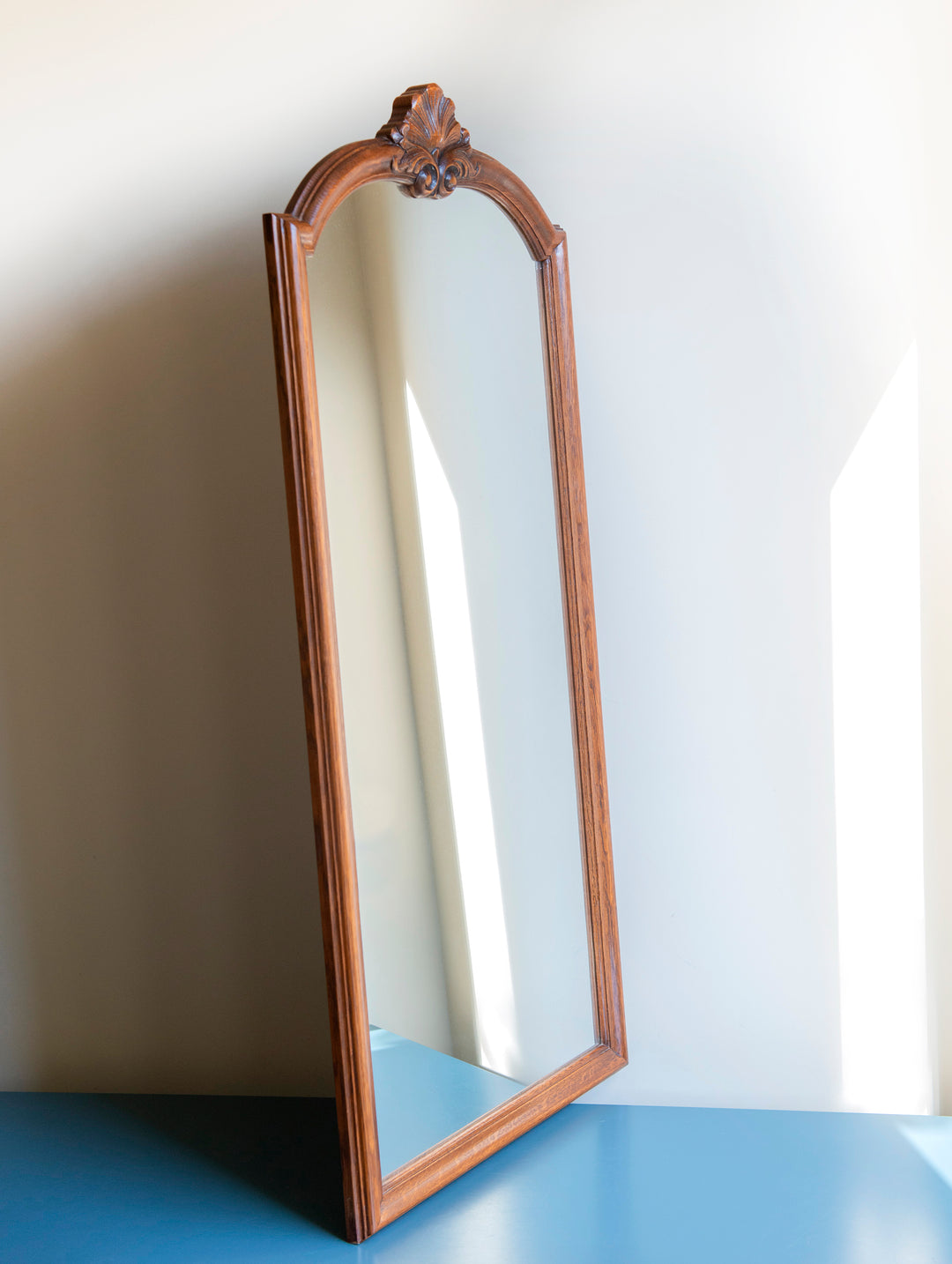 Large Oak Wooden Mirror, Hand Carved Frame With Ornament