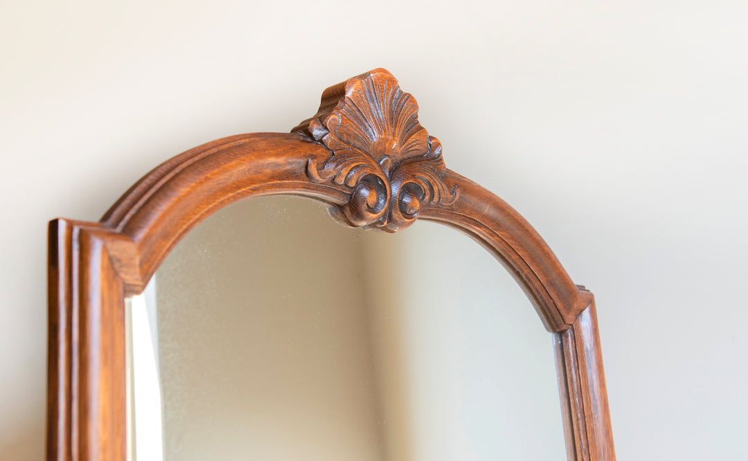 Large Oak Wooden Mirror, Hand Carved Frame With Ornament