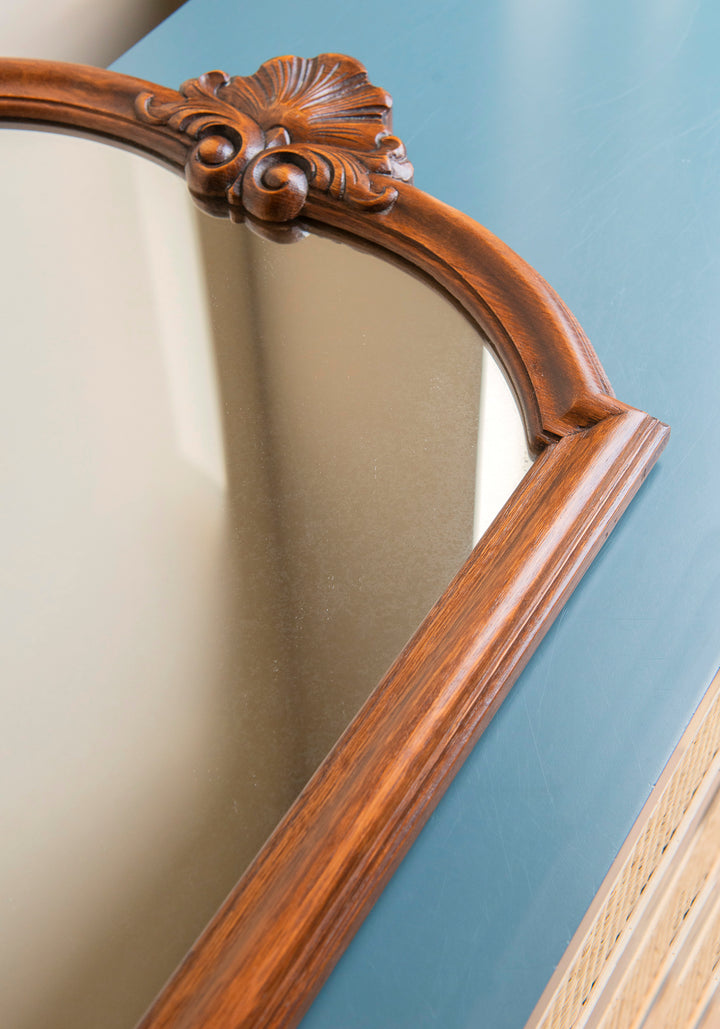 Large Oak Wooden Mirror, Hand Carved Frame With Ornament