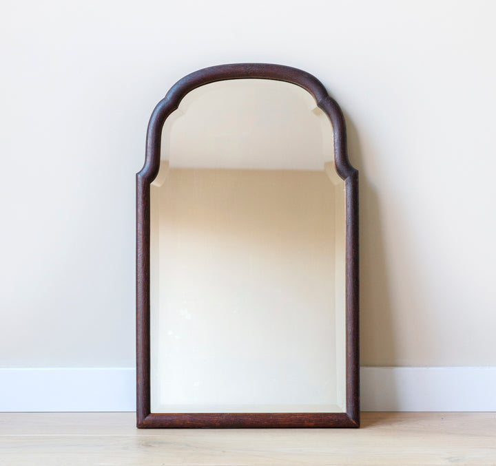 Dark Oak Scalloped Mirror With Beveled Glass, 1900s