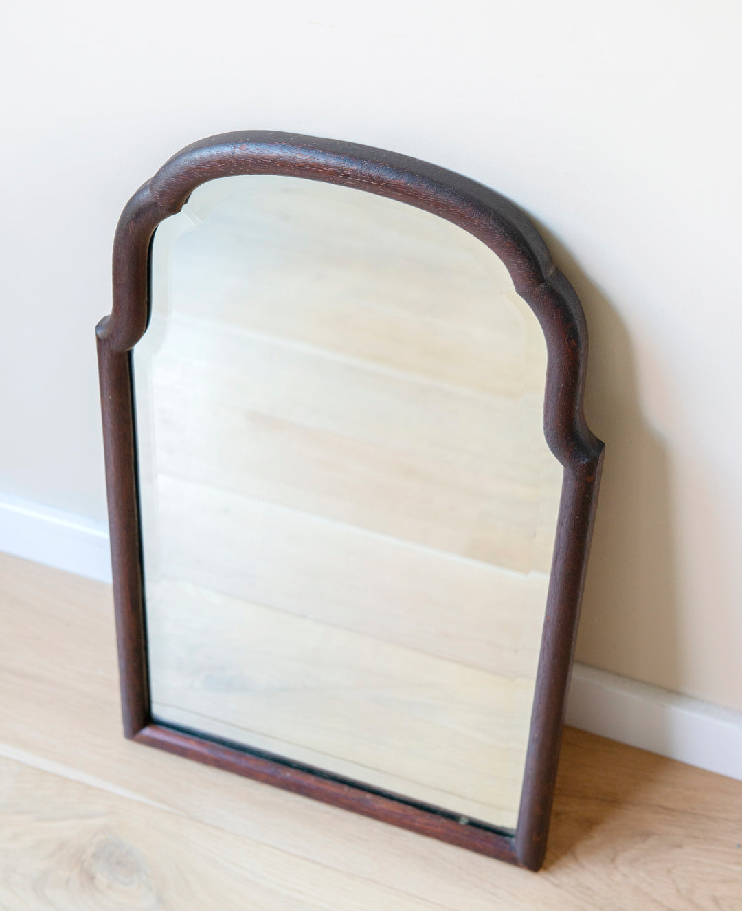 Dark Oak Scalloped Mirror With Beveled Glass, 1900s