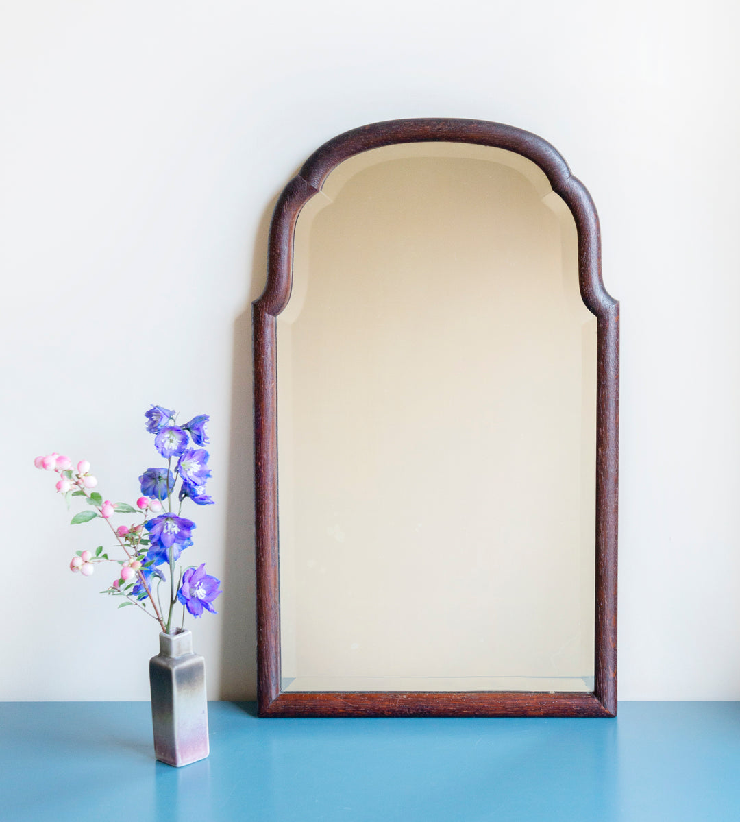 Dark Oak Scalloped Mirror With Beveled Glass, 1900s