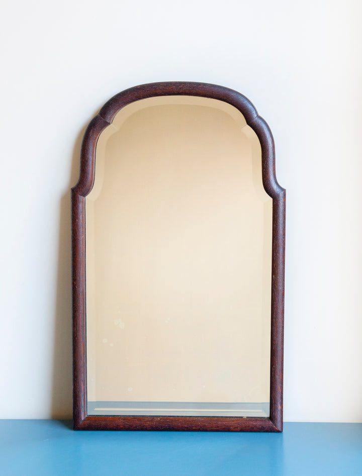 Dark Oak Scalloped Mirror With Beveled Glass, 1900s