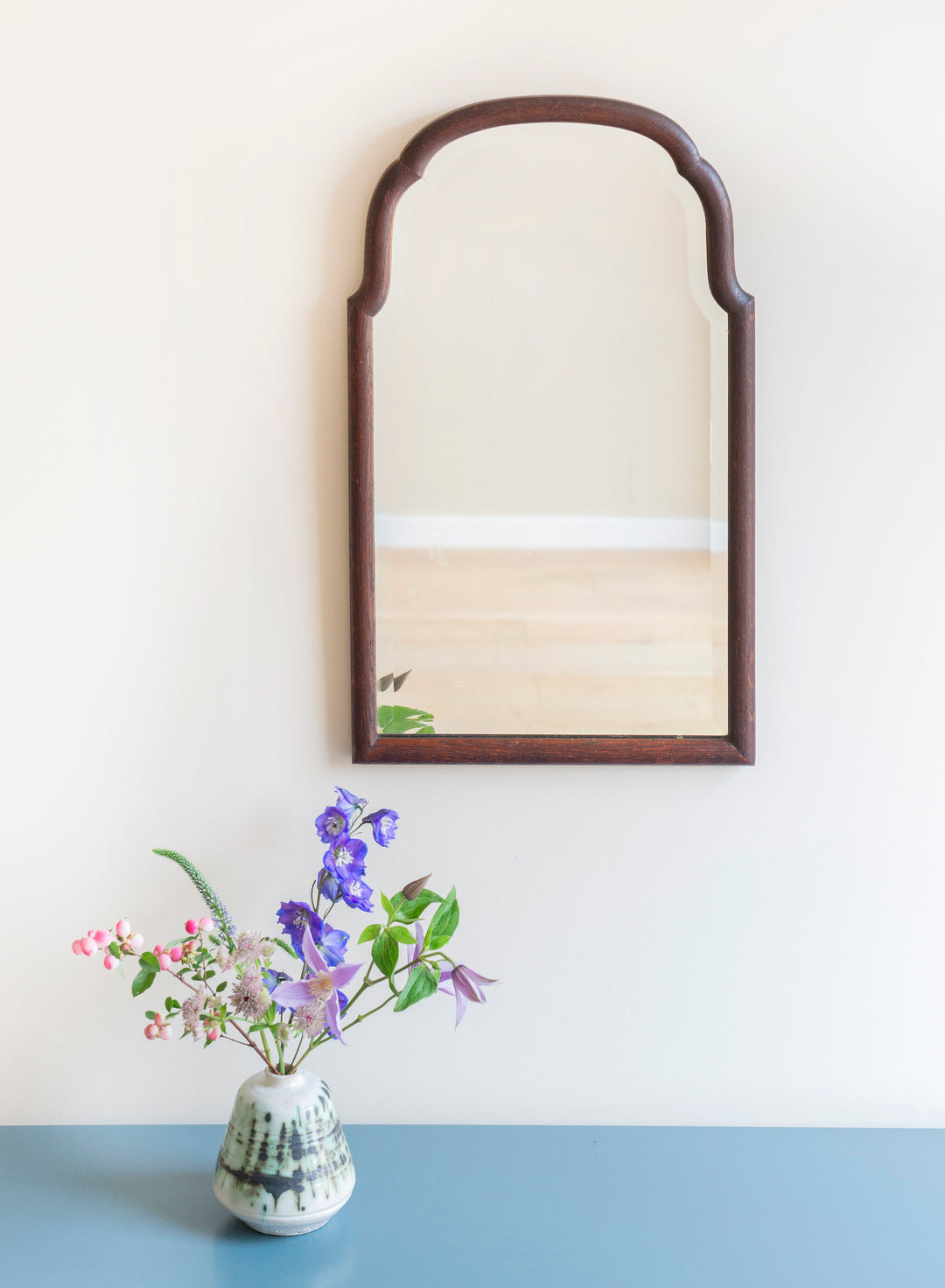 Dark Oak Scalloped Mirror With Beveled Glass, 1900s