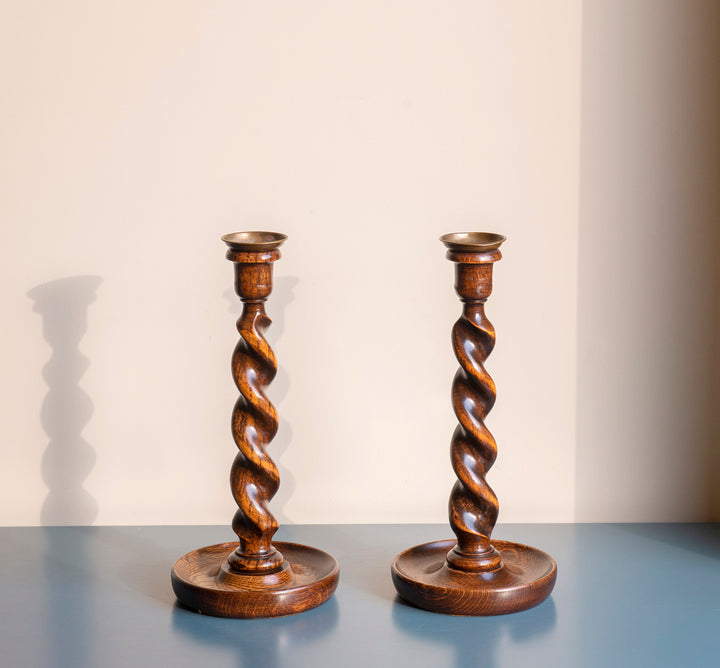 Two Antique Barley Twist Candle Holders, Oak Wood, 1920s