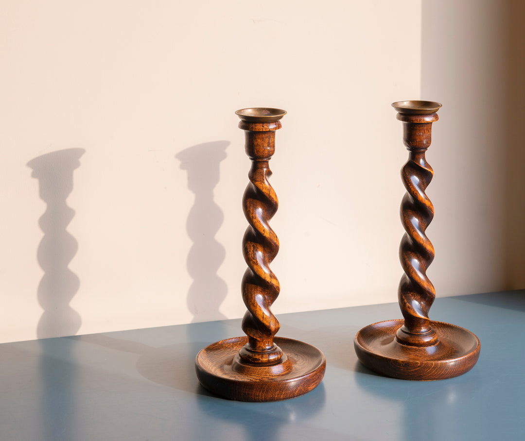 Two Antique Barley Twist Candle Holders, Oak Wood, 1920s