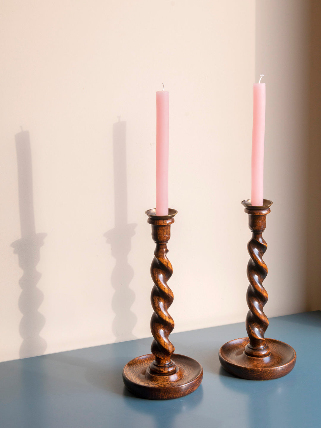 Two Antique Barley Twist Candle Holders, Oak Wood, 1920s