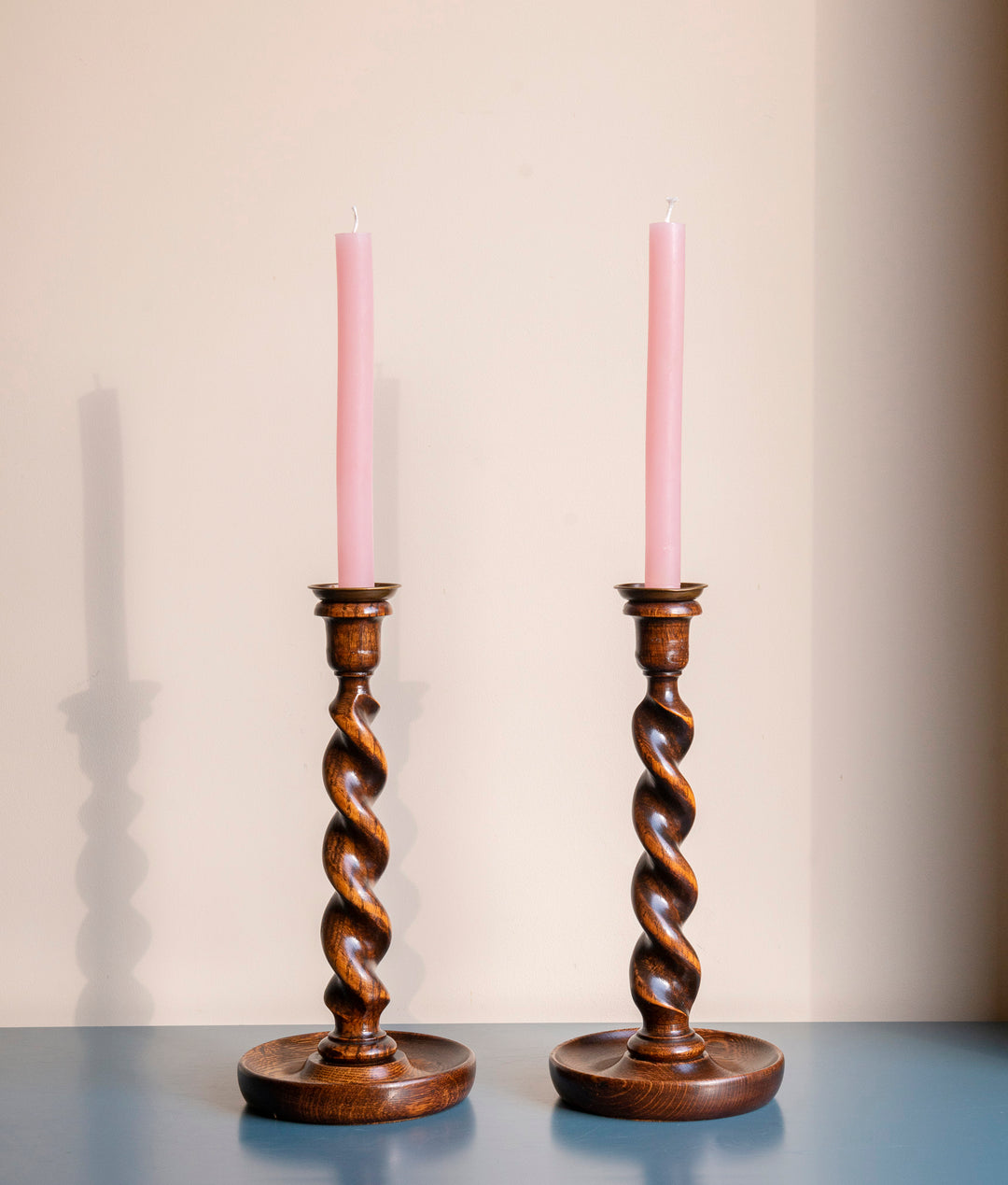 Two Antique Barley Twist Candle Holders, Oak Wood, 1920s