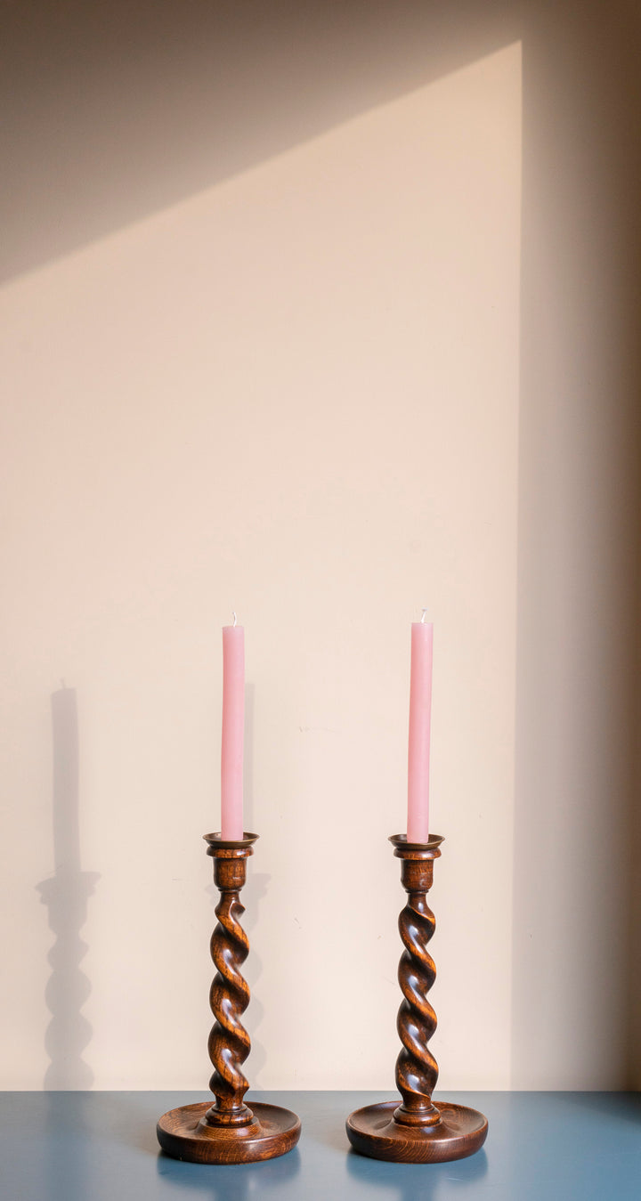 Two Antique Barley Twist Candle Holders, Oak Wood, 1920s