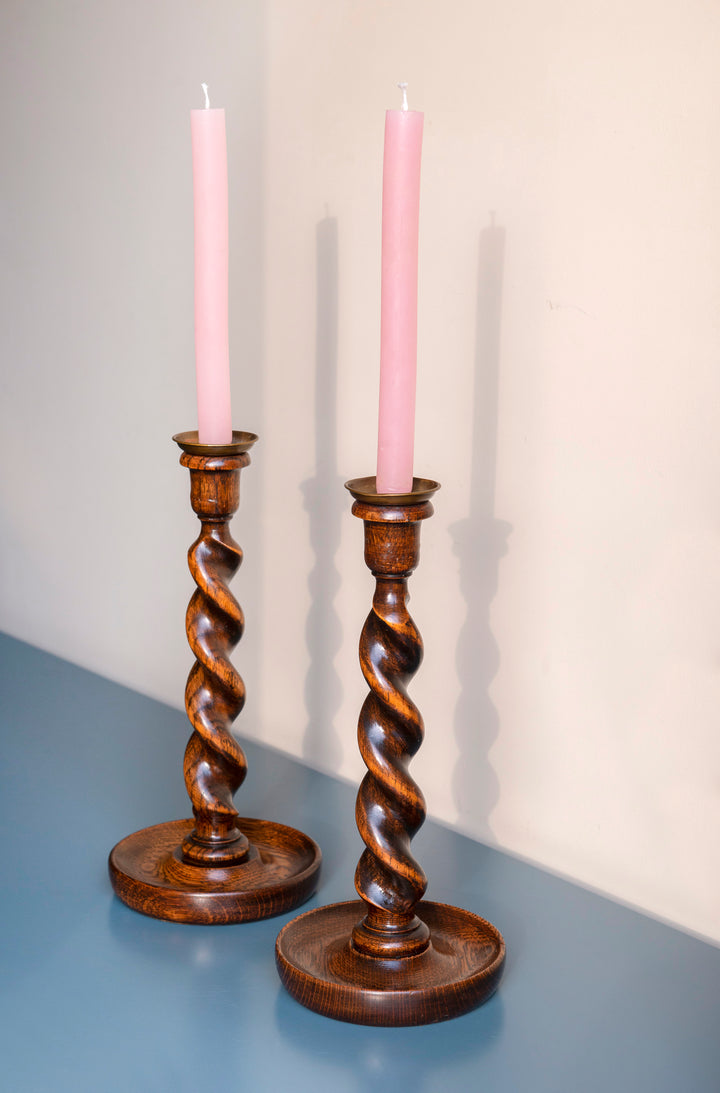 Two Antique Barley Twist Candle Holders, Oak Wood, 1920s