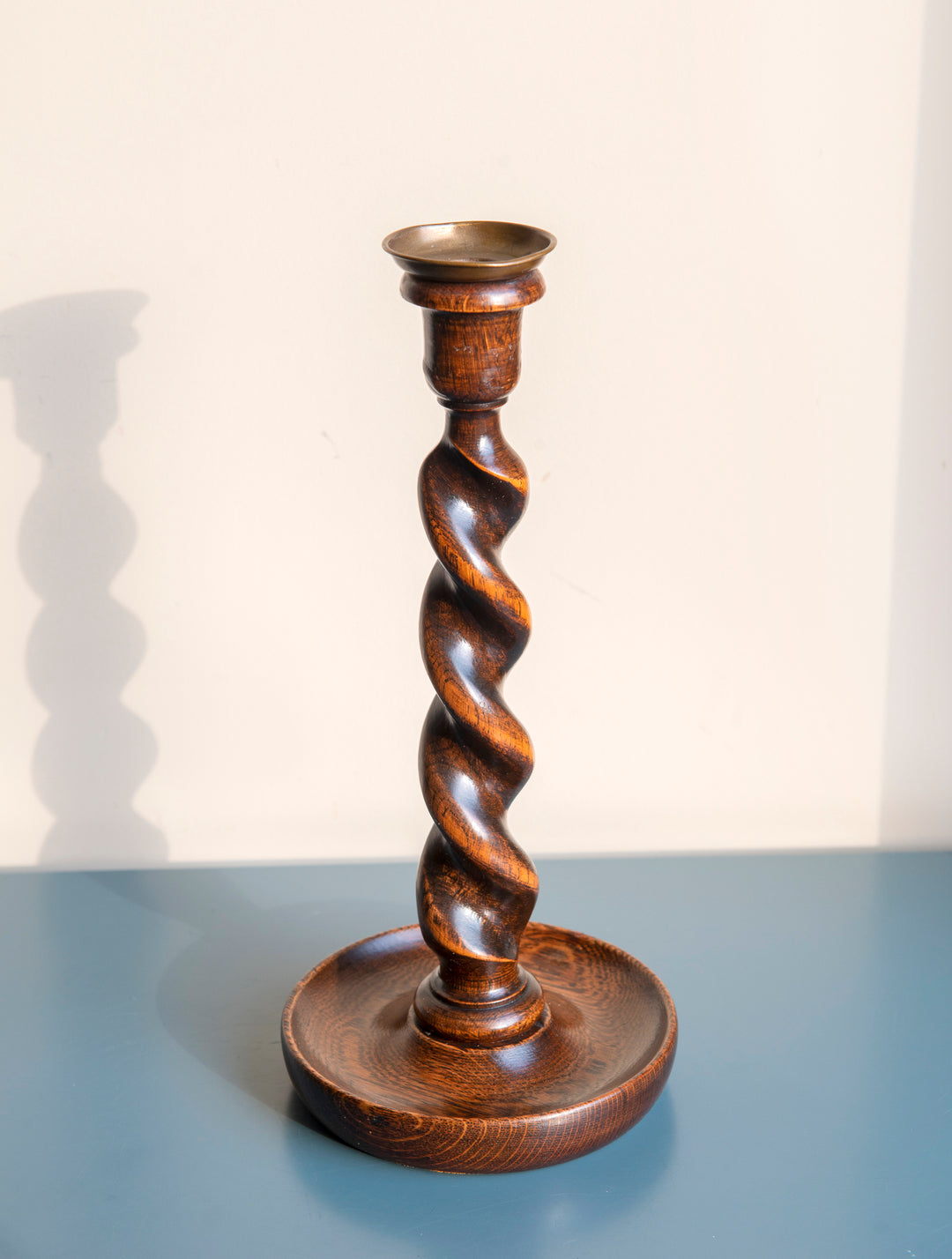 Two Antique Barley Twist Candle Holders, Oak Wood, 1920s