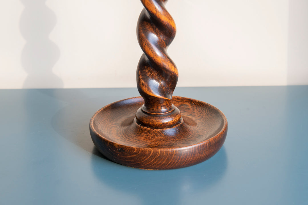 Two Antique Barley Twist Candle Holders, Oak Wood, 1920s