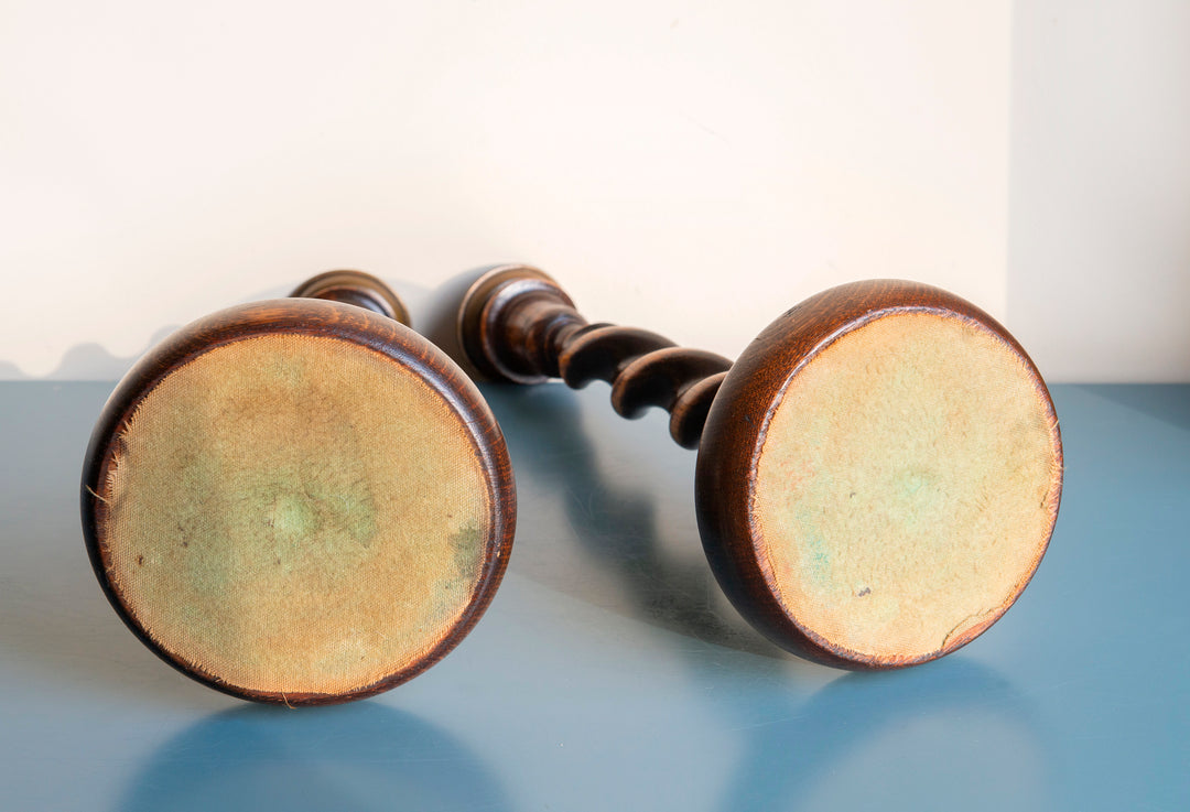 Two Antique Barley Twist Candle Holders, Oak Wood, 1920s