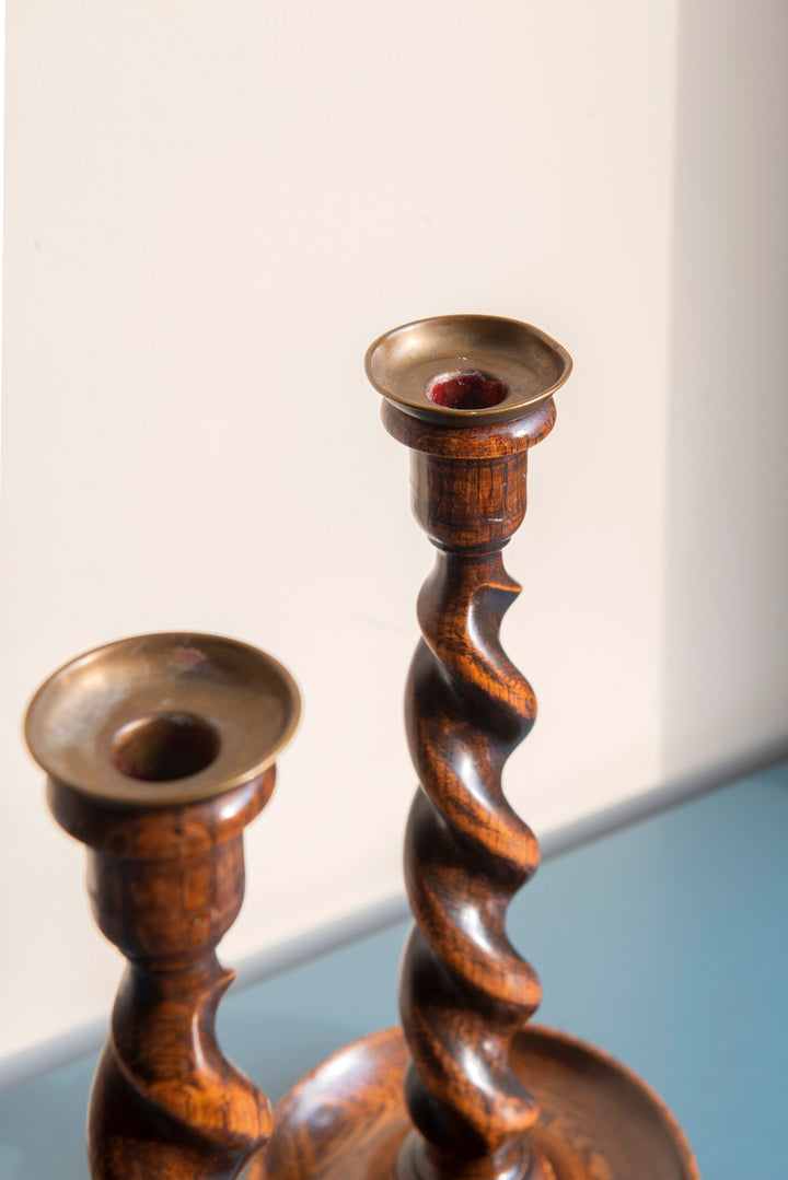 Two Antique Barley Twist Candle Holders, Oak Wood, 1920s