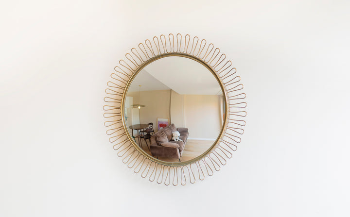 Sun Mirror With Brass Loop Edge, Attributed To Josef Frank