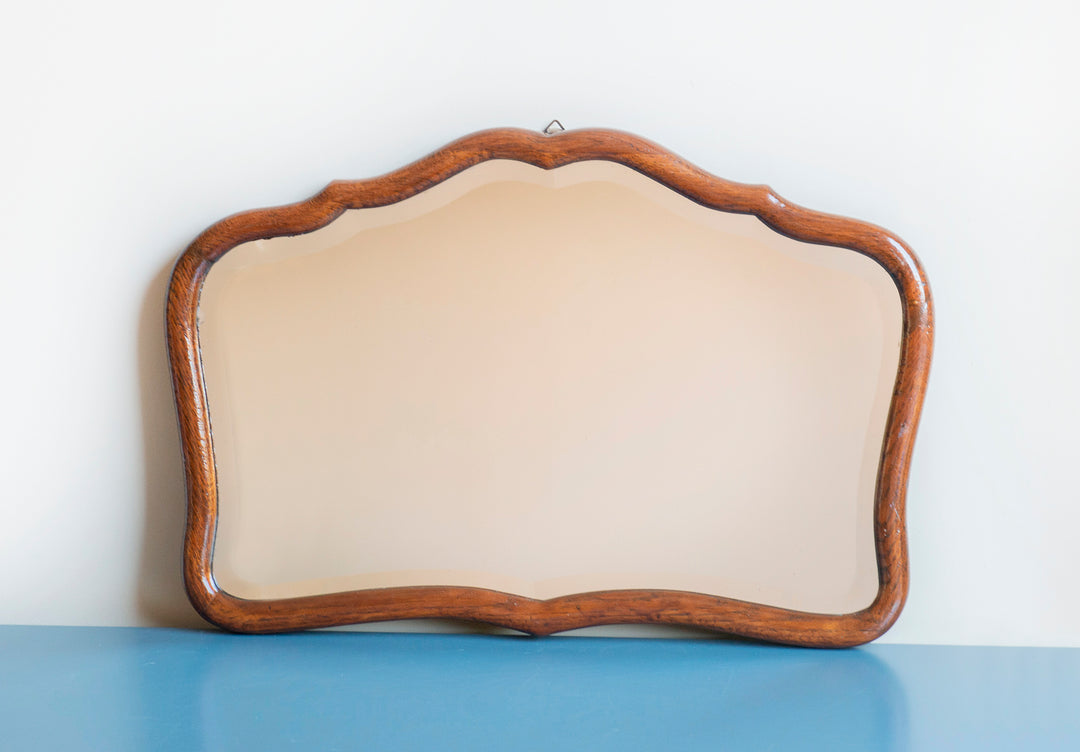 Antique Scalloped Wall Mirror With Beveled Glass, Lacquered Oak Frame