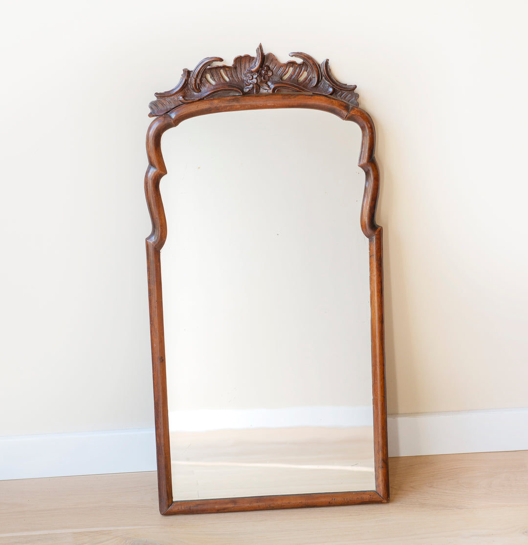 Antique Scalloped Walnut Mirror With Ornament, 18th Century