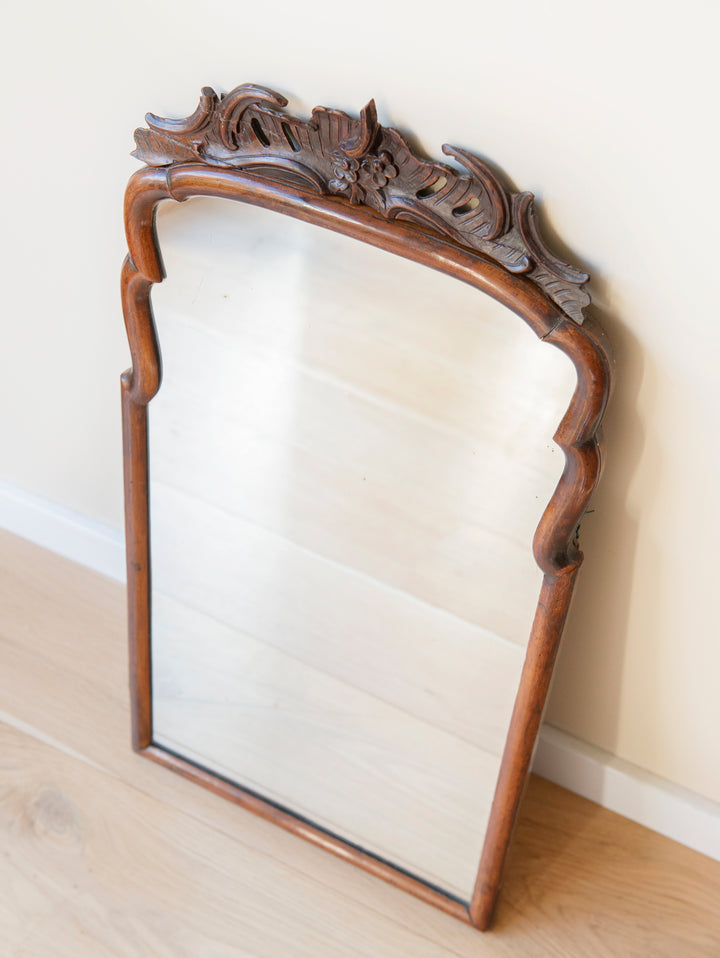 Antique Scalloped Walnut Mirror With Ornament, 18th Century